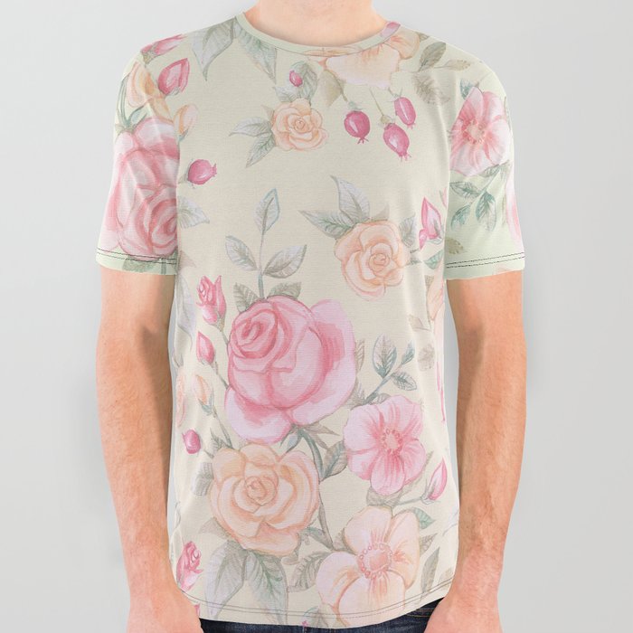 Beautiful Pink Roses Vintage Collection All Over Graphic Tee