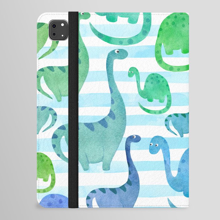 Watercolor Dinosaur Stripe Blue iPad Folio Case