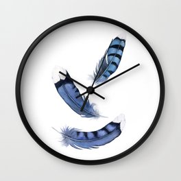Falling Feather, Blue Jay Feather, Blue Feather watercolor painting by Suisai Genki Wall Clock
