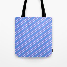 [ Thumbnail: Cornflower Blue, Violet, and Light Cyan Colored Lined Pattern Tote Bag ]