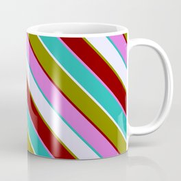 [ Thumbnail: Eyecatching Lavender, Green, Maroon, Orchid & Light Sea Green Colored Pattern of Stripes Coffee Mug ]