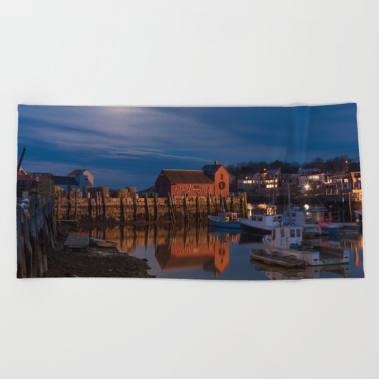 Rockport Harbor at night Beach Towel