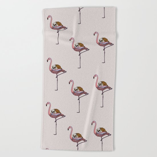 Flamingo and English Bulldog Beach Towel