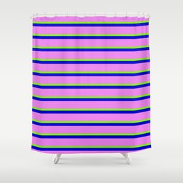 [ Thumbnail: Green, Blue, and Violet Colored Lined Pattern Shower Curtain ]
