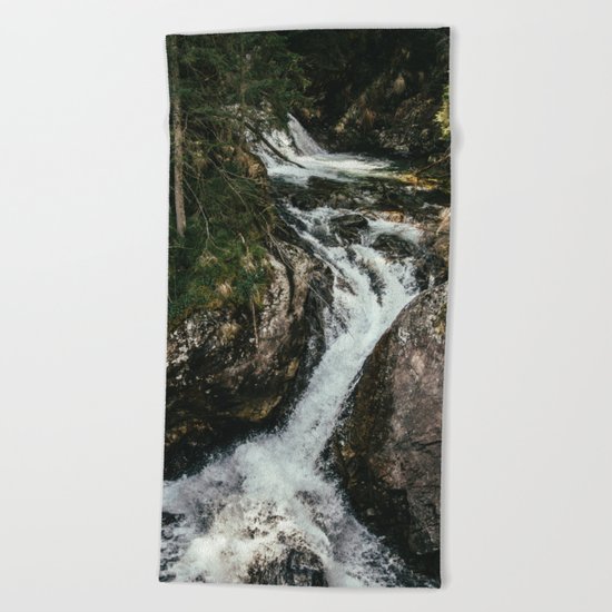 Waterfall In The Mountains Beach Towel