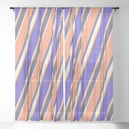 [ Thumbnail: Light Salmon, Dim Grey, Slate Blue, and Beige Colored Lined/Striped Pattern Sheer Curtain ]