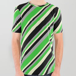 [ Thumbnail: Dark Grey, Lime Green, Light Yellow, and Black Colored Pattern of Stripes All Over Graphic Tee ]