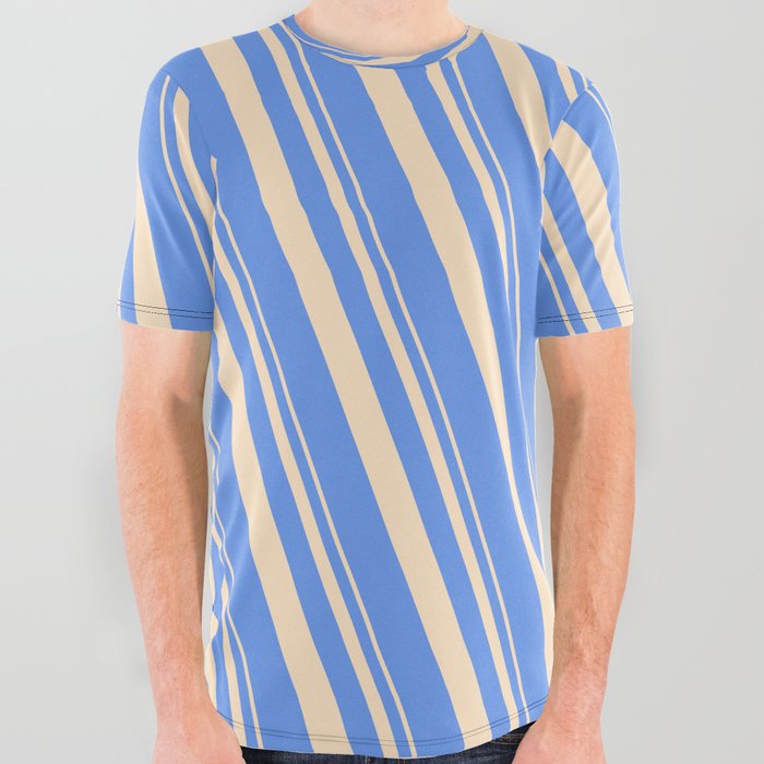 Bisque and Cornflower Blue Colored Striped/Lined Pattern All Over Graphic Tee
