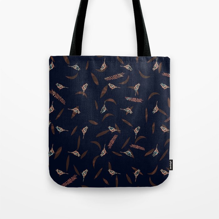 Graphic Birds and Leaves Brown and Navy Blue Tote Bag