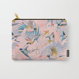 Pinky, Sunny Boho Birds / Pink, Blue, Yellow Carry-All Pouch | Leaves, Monstera, Graphicdesign, Tropical, Kids, Girly, Banana Leaf, Bird, Leaf, Exotic 