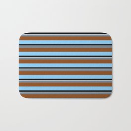 [ Thumbnail: Colorful Slate Gray, Brown, Light Sky Blue, Black & Mint Cream Colored Striped Pattern Bath Mat ]