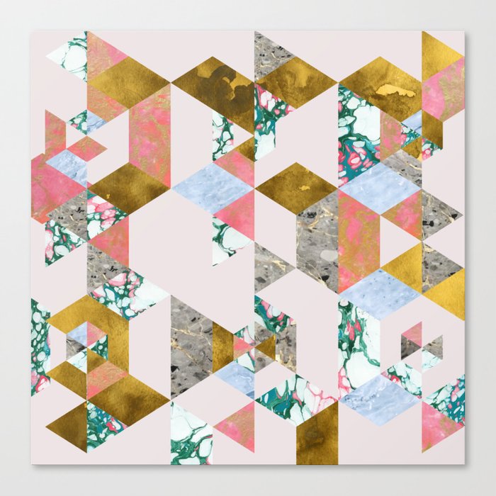 Geometry of Love Blush Marble Painting, Abstract Colorful Gold Pastel Shapes Collage Graphic Design Canvas Print