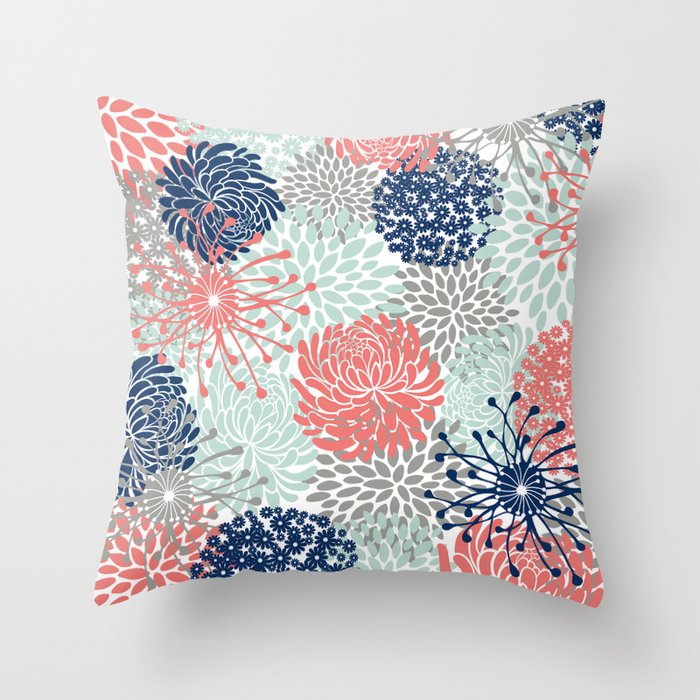 Floral Print Coral Pink Pale Aqua Blue Gray Navy Throw Pillow