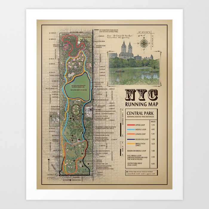 Nyc S Central Park Vintage Inspired San Remo Running Route Map Art Print By Kokuadesigncompany