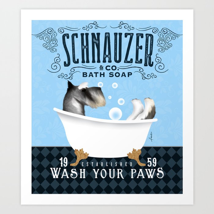 Schnauzer dog clawfoot tub bath bubble bath soap art  Art Print