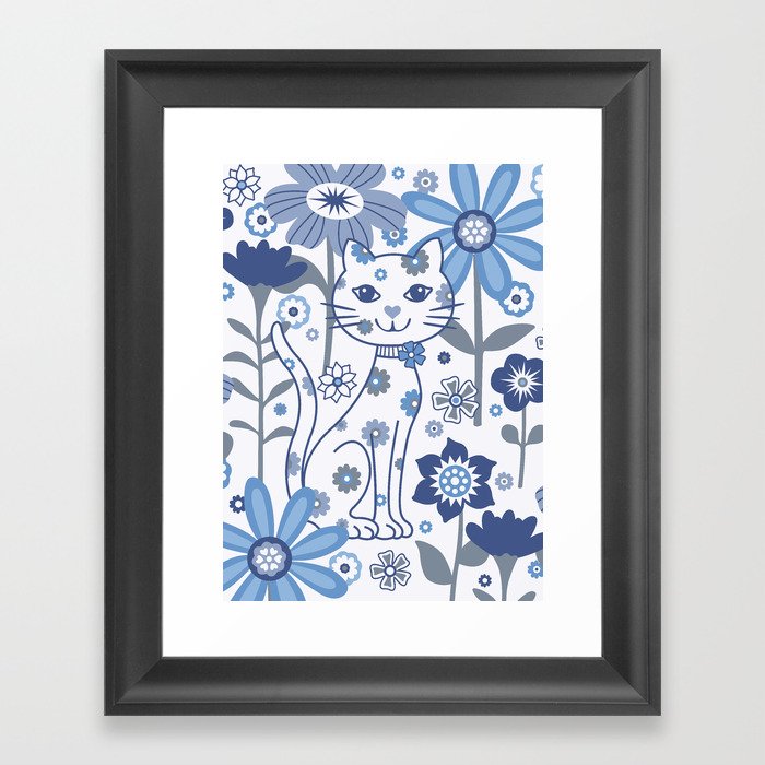Blue and White Garden Cat Framed Art Print