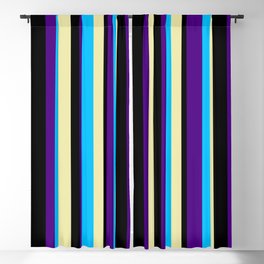 [ Thumbnail: Deep Sky Blue, Indigo, Black, and Pale Goldenrod Colored Pattern of Stripes Blackout Curtain ]