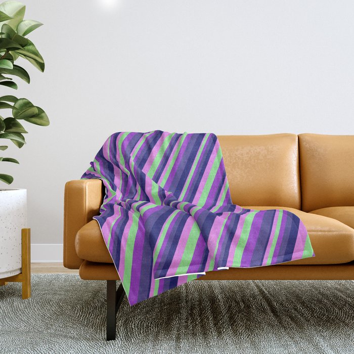 Colorful Light Green, Dark Orchid, Dark Slate Blue, Midnight Blue, Violet Colored Striped Pattern Throw Blanket
