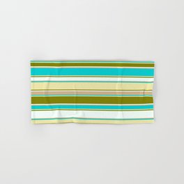 [ Thumbnail: Colorful Dark Turquoise, Pale Goldenrod, Green, Mint Cream & Tan Colored Lined/Striped Pattern Hand & Bath Towel ]