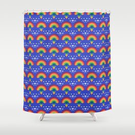 Blue Cat with Rainbow Scallop Pattern Shower Curtain