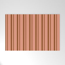 [ Thumbnail: Brown & Dark Salmon Colored Lined Pattern Welcome Mat ]