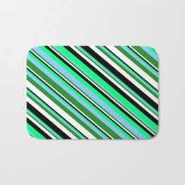 [ Thumbnail: Eyecatching Green, Light Sky Blue, Forest Green, White, and Black Colored Lines Pattern Bath Mat ]