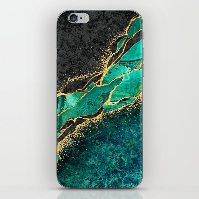 Emerald Green + Ebony Abstract Marble Stream iPhone Skin