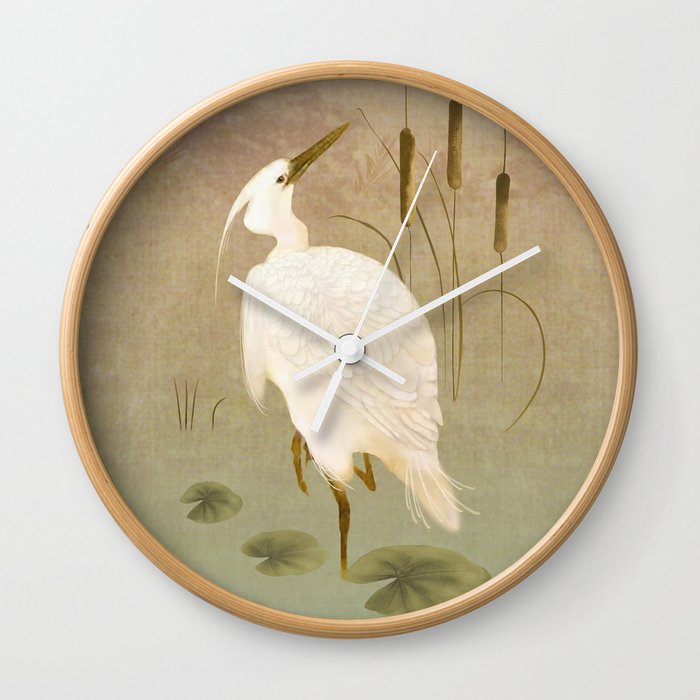 White Heron In Bulrushes Wall Clock