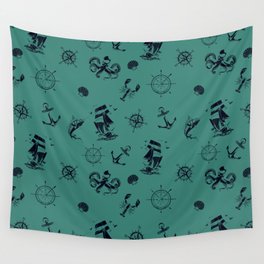 Green Blue And Blue Silhouettes Of Vintage Nautical Pattern Wall Tapestry