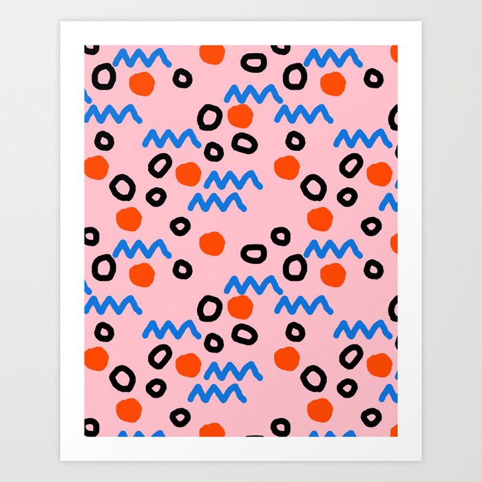 Bro - abstract retro pattern squiggle dot lines grid pink red children 1980s 80s throwback pop art Art Print