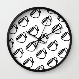 The Coffee Cup IIII Wall Clock | Illustration, Black, Drawing, Doodles, Digital, Teatime, White, Mugs, Cups, Pattern 