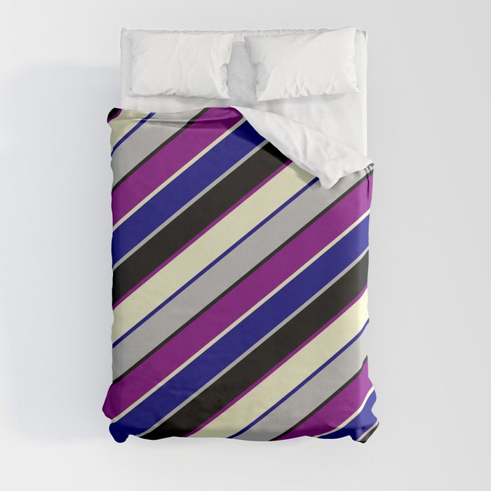 Eye-catching Blue, Grey, Black, Purple & Light Yellow Colored Lined Pattern Duvet Cover