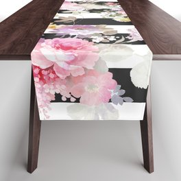 Bold pink watercolor roses floral black white stripes Table Runner