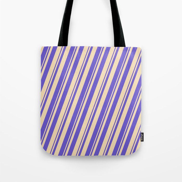Tan & Slate Blue Colored Striped Pattern Tote Bag
