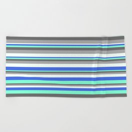 [ Thumbnail: Colorful Royal Blue, Aquamarine, Dim Grey, Dark Grey & Mint Cream Colored Lined/Striped Pattern Beach Towel ]