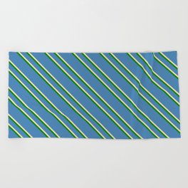 [ Thumbnail: Blue, Tan & Green Colored Striped/Lined Pattern Beach Towel ]
