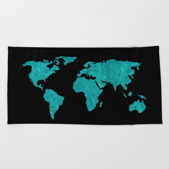 Teal Cyan Metallic Foil Map on Black Beach Towel