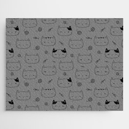 Grey and Black Doodle Kitten Faces Pattern Jigsaw Puzzle