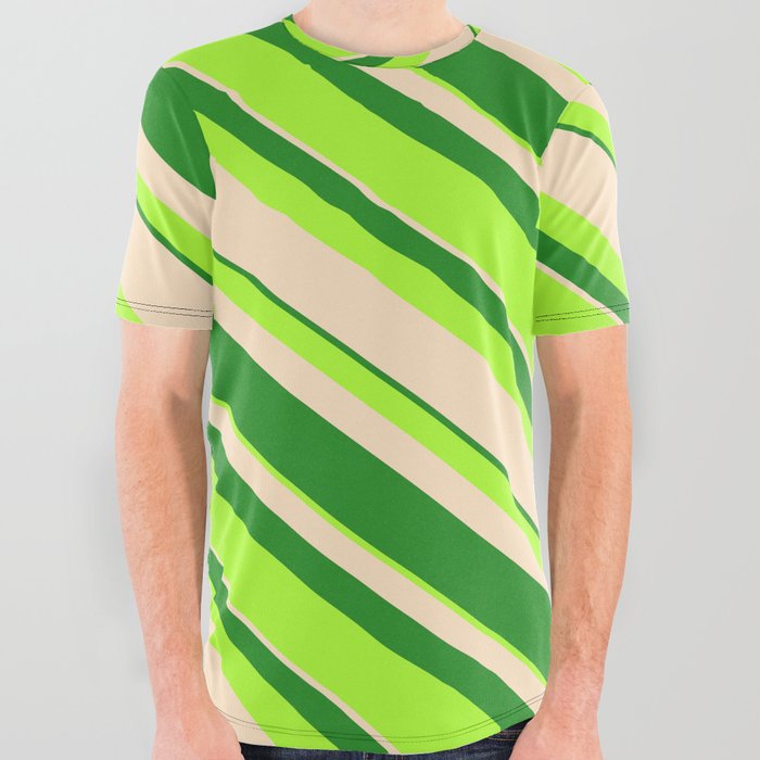 Forest Green, Light Green, and Bisque Colored Striped/Lined Pattern All Over Graphic Tee