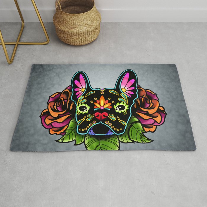 French Bulldog in Black - Day of the Dead Bulldog Sugar Skull Dog Rug