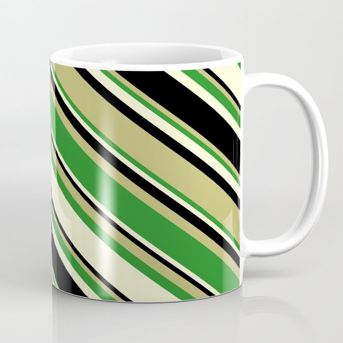 Dark Khaki, Forest Green, Light Yellow, and Black Colored Pattern of Stripes Coffee Mug