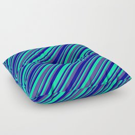 [ Thumbnail: Green, Dark Slate Blue & Dark Blue Colored Lined/Striped Pattern Floor Pillow ]