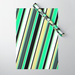 [ Thumbnail: Dark Slate Gray, Black, Tan, Green, and White Colored Lines Pattern Wrapping Paper ]