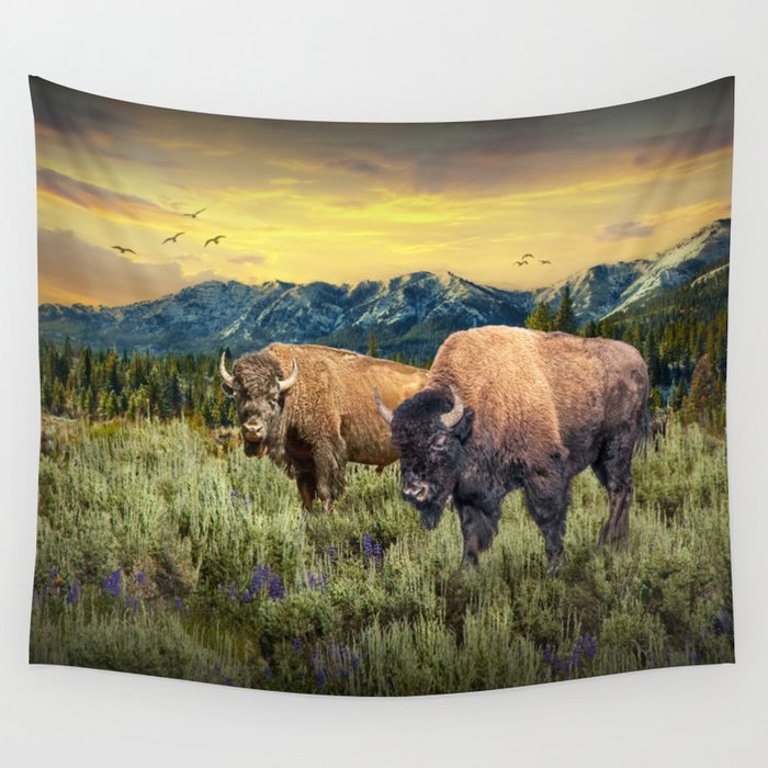 American Buffalo Western Landscape with Mountain Sunset in Yellowstone National Park Wall Tapestry