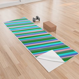 [ Thumbnail: Eye-catching Cyan, Royal Blue, Light Pink, Sea Green & Green Colored Striped Pattern Yoga Towel ]