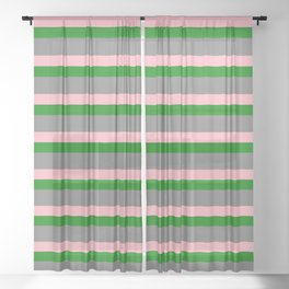 [ Thumbnail: Gray, Light Pink & Green Colored Lines/Stripes Pattern Sheer Curtain ]