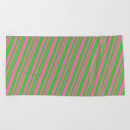[ Thumbnail: Hot Pink & Lime Green Colored Lines/Stripes Pattern Beach Towel ]