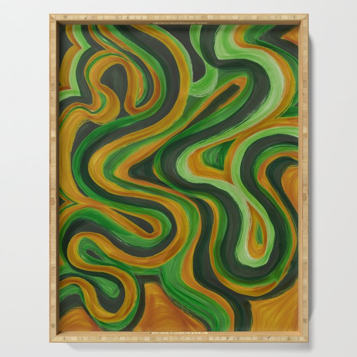 Abstract Retro Forest Green, Sage and Gold Swirl Lines Serving Tray
