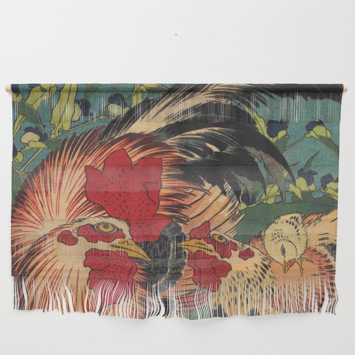 Hokusai, Rooster,Hen and Chicken with Spiderwort Wall Hanging
