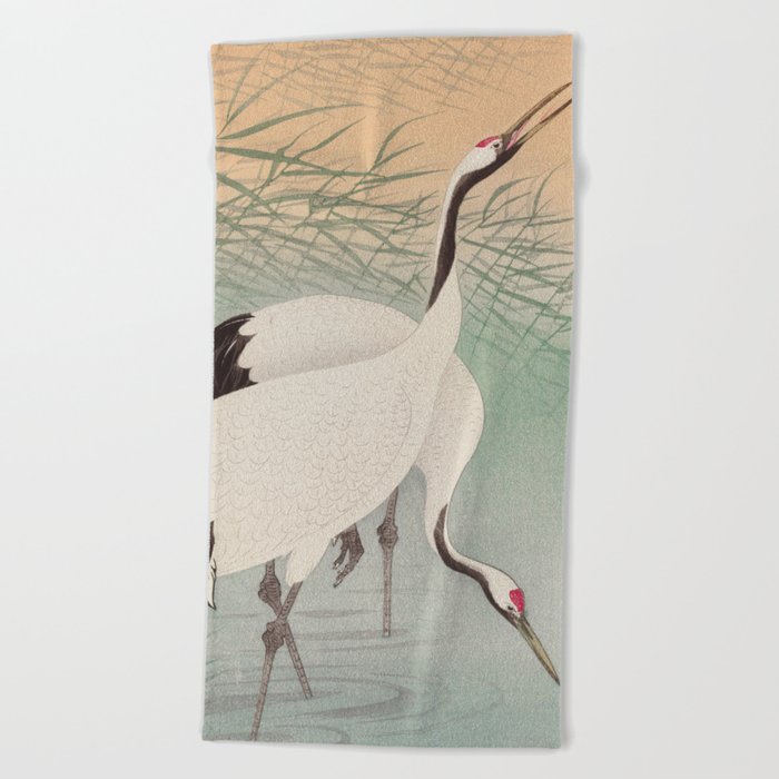 Two cranes in the lake - Japanese vintage woodblock print Beach Towel